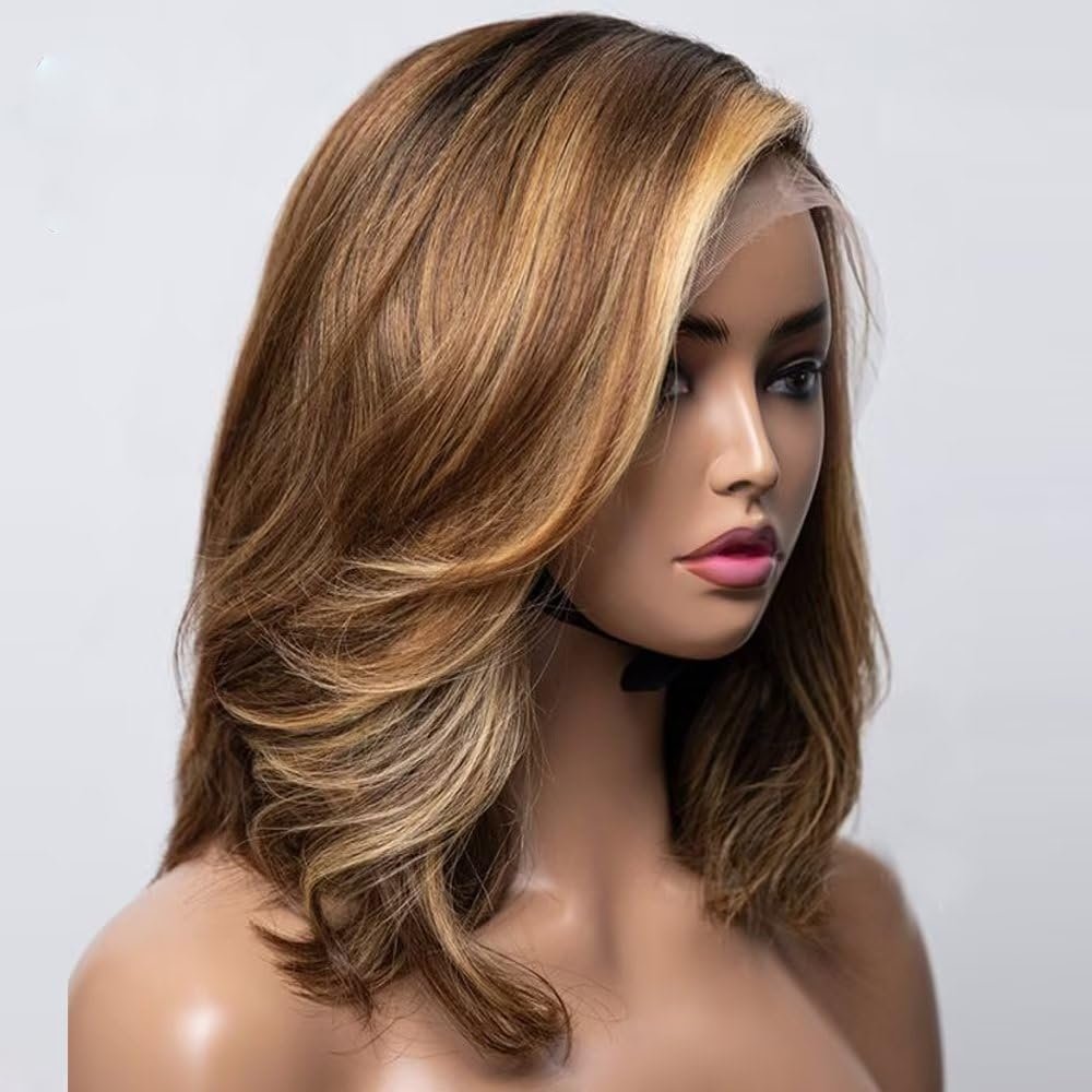 oulaer Short Wave 1b#4/27 Blonde Highlight Lace Wigs Deep Part 13x6 Transparent Lace Human Hair Wig Body Wave Bob Cut Brazilian Remy Hair With Baby Hair Glueless Wig 150% Density 8Inch