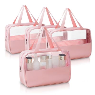Realand Large Clear Toiletry Bags for Traveling, 4Pcs Waterproof Clear Travel Bags for Toiletries Women Men, Travel Toiletry Bag Set, Transparent Makeup Cosmetic Bag, Pink