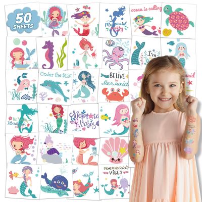 EMOME 50 Sheets Mermaid Tattoos for Kids Girls, Individually Wrapped Temporary Tattoos for Birthday Party Favors Decorations, Ocean Tattoo Stickers for Mermaid Games, Christmas Stocking Stuffers