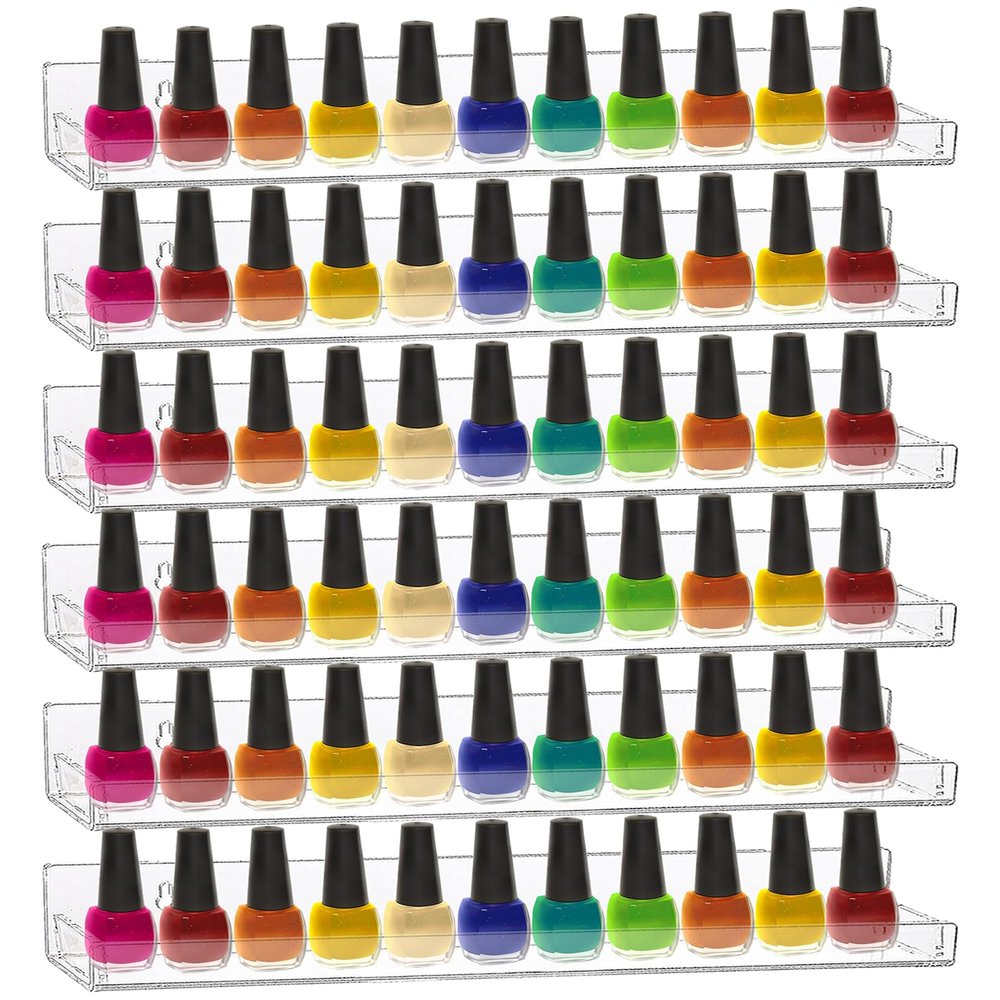6 Pack Nail Polish Rack, Wall Mounted Organizer Shelf With Removable Anti-slip End Inserts, Clear Acrylic Display Holder for 90 Bottles