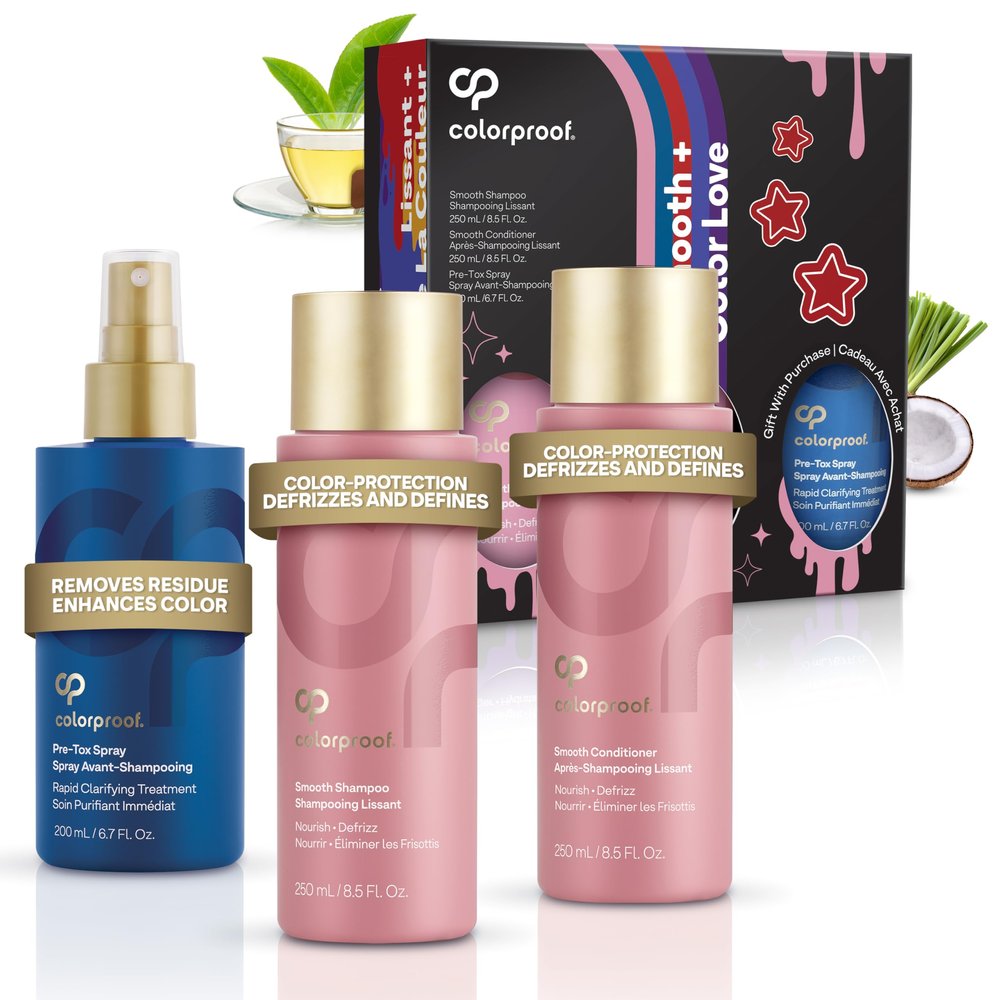 Colorproof Smooth Gift Set Smooth Shampoo and Conditioner (8.5 Fl. Oz.) with Pre-Tox Spray (6.7 Fl. Oz.) Color Safe Shampoo and Conditioner Set for Frizz-Prone, Color-Treated Hair