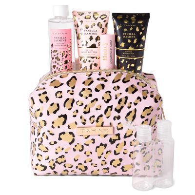 Tahari Vanilla Jasmine Spa Gift Set for Women Luxurious Bath Kit with Body Lotion, Body Scrub, Body Wash & Lip Balm with Bag Perfect Selfcare Gifts for Women (Leopard)