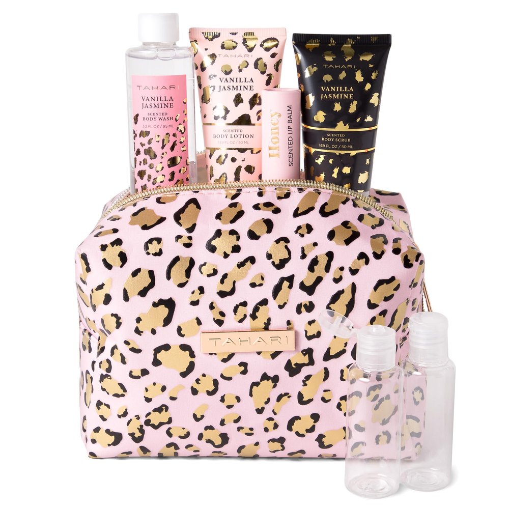 Tahari Vanilla Jasmine Spa Gift Set for Women  Luxurious Bath Kit with Body Lotion, Body Scrub, Body Wash & Lip Balm with Bag  Perfect Selfcare Gifts for Women (Leopard)