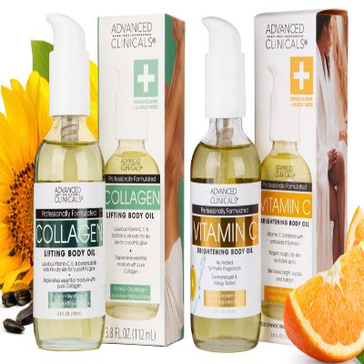 Advanced Clinicals Collagen Body Oil + Vitamin C Brightening Body Oil Moisturizer 2pc Skincare Set - Nourishing, Brightening, & Firming Massage Oil To Improve Look Of Crepe Skin + Dark Spots, 2PC Set