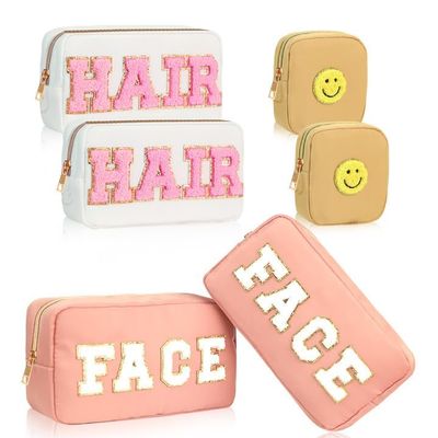 6 Pieces Nylon Preppy Makeup Bag Set Chenille Letter Travel Cosmetic Stuff Pouch for Women Girls Stoney Clover Dupes Zipper Waterproof Pouch
