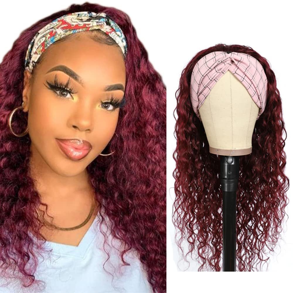 Ombre 1B99J Curly Wave Headband Wig Burgundy Human Hair Headband Wig Kinky Curly 130% Density Grade 8A Brazilian Remy Hair Machine Made Wigs 22 Inch Wine Red Color