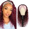 Ombre 1B99J Curly Wave Headband Wig Burgundy Human Hair Headband Wig Kinky Curly 130% Density Grade 8A Brazilian Remy Hair Machine Made Wigs 22 Inch Wine Red Color view 1