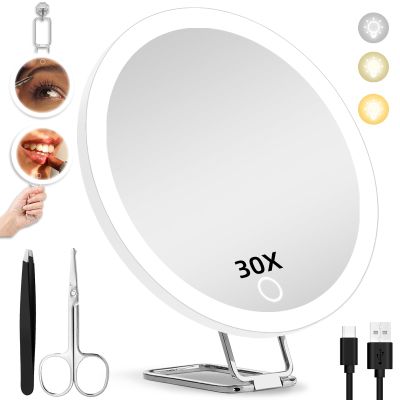 JJhxr 30X Magnifying Mirror with Lights, 6inch Makeup Magnified Mirror 30X Lighted Travel Magnification with 3 Suction Cups and 360 Adjustable Stand- Includes Tweezers & Scissors