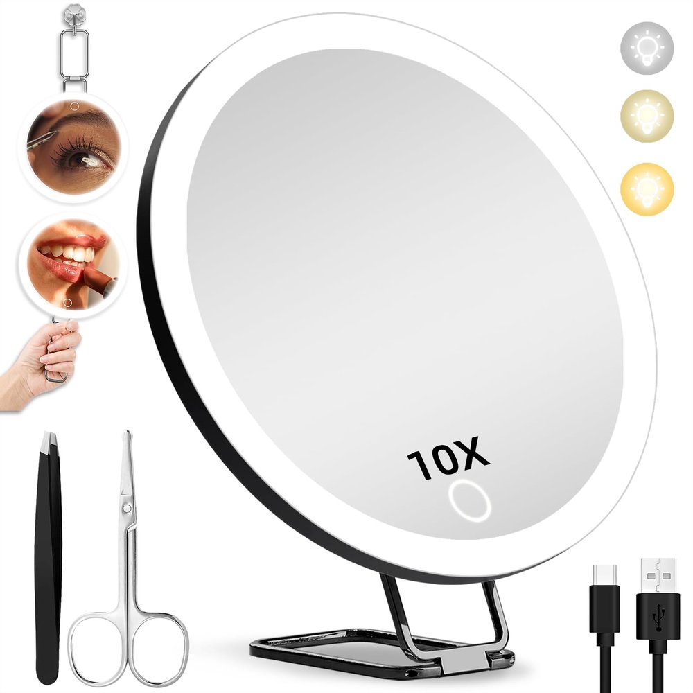 JJhxr 10X Magnifying Mirror with Lights, 6inch Makeup Magnified Mirror 10x Lighted Travel Magnification with 3 Suction Cups and 360 Adjustable Bracket - Includes Tweezers & Scissors