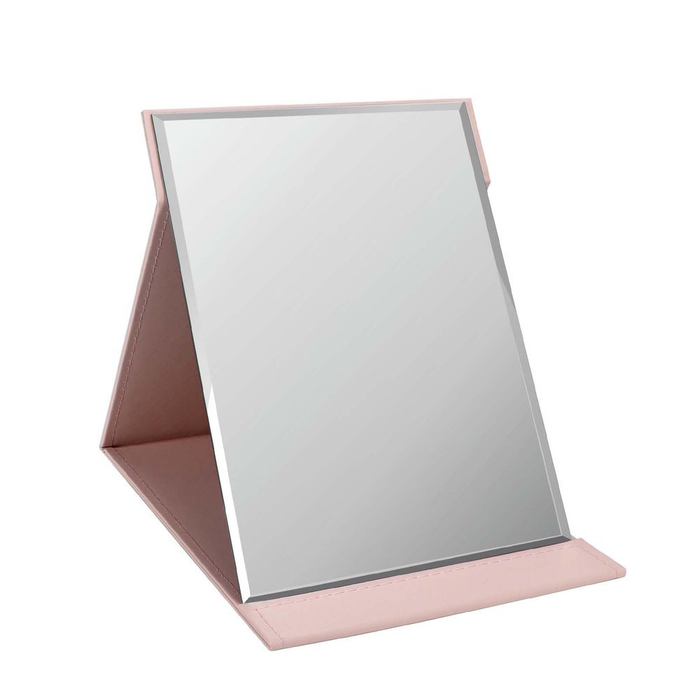 ZBEIVAN 12x9 Inches Portable Folding Makeup Mirror, Frameless PU Leather Desk Mirror with Stand for Camping Travel Tabletop Personal, Pink