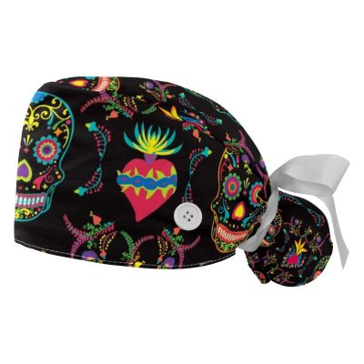 2 Pcs Working Caps with Buttons and Ribbon Tie, Mexican Sugar Skull Bouffant Hats Scrub Caps Women Long Hair