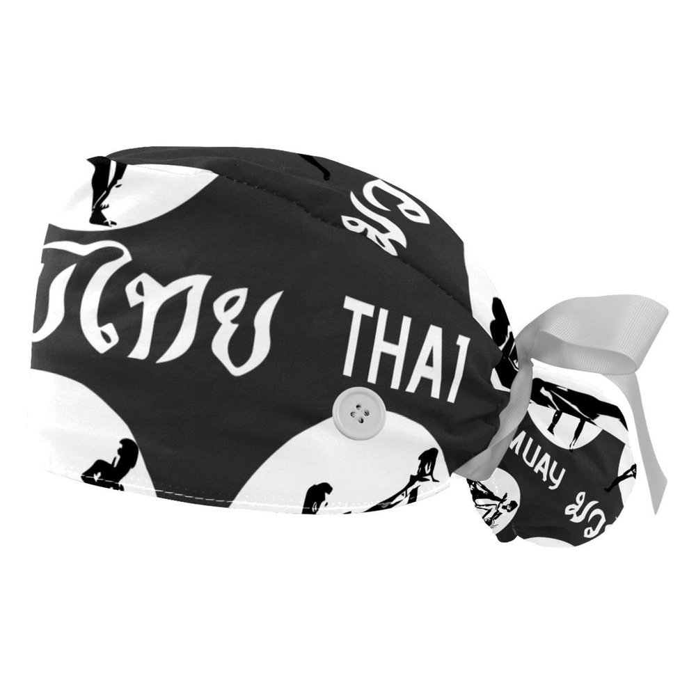 2 Pcs Working Caps with Buttons and Ribbon Tie, Muay Thai Silhouette Bouffant Hats Scrub Caps Women Long Hair