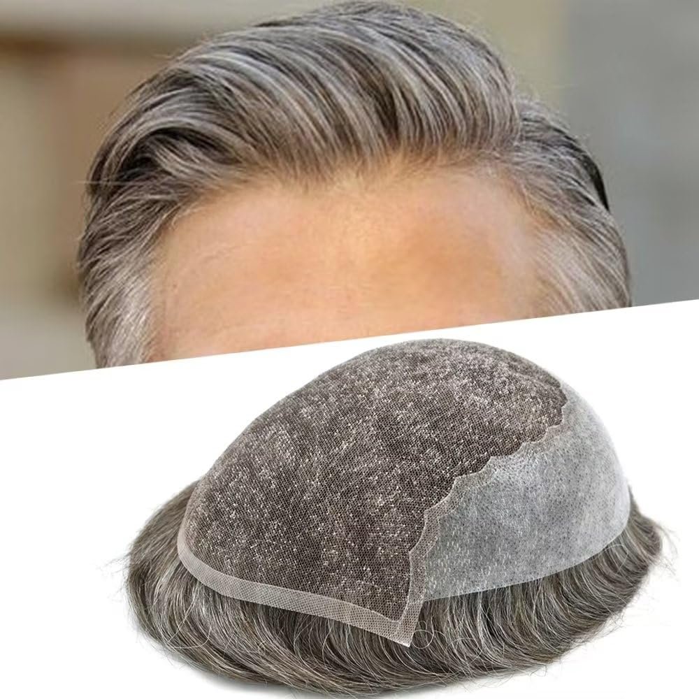 65 Colors Toupee For Men 8x10 Inches Human Hair Replacement System Natural French Lace Front Mens Toupee Hairpieces Medium Brown Gray Hair Unit Wig for Men #440 100% Light to Med-Light