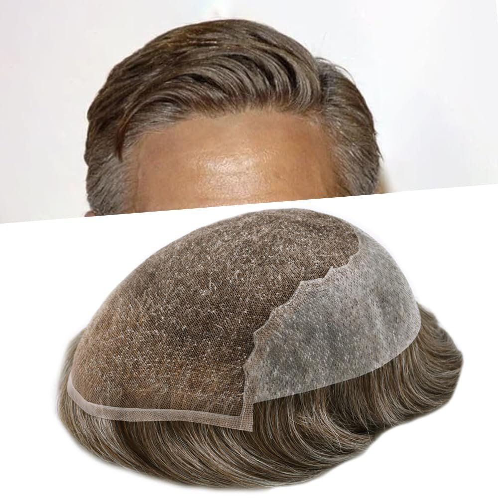 65 Colors Toupee For Men 8x10 Inches Human Hair Replacement System Natural French Lace Front Mens Toupee Hairpieces Medium Brown Gray Hair Unit Wig for Men #430 100% Light to Med-Light