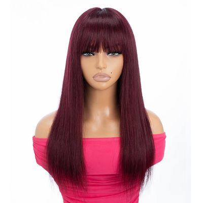 Rebecca Fashion 99J Burgundy Straight Wig with Bangs Human Hair Silky Straight Bang Wig Glueless Minimalist 2.75x1 Lace Scalp Wig for Women Glueless Wear and Go Wigs Brazilian Remy Hair 18 Inch