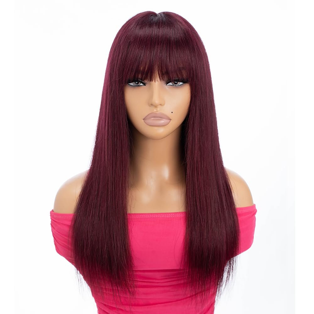Rebecca Fashion 99J Burgundy Straight Wig with Bangs Human Hair Silky Straight Bang Wig Glueless Minimalist 2.75x1 Lace Scalp Wig for Women Glueless Wear and Go Wigs Brazilian Remy Hair 18 Inch