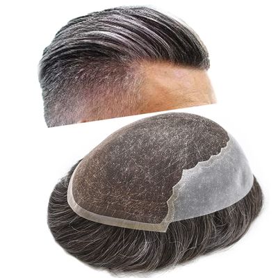 USA Transparent French Lace Mens Toupee Hairpieces Human Hair Replacement Bleached Knots Swiss Lace Front Wigs Toupee for Men Dark Brown Gray Hair System Unit 7''X9'' #340 120% Density