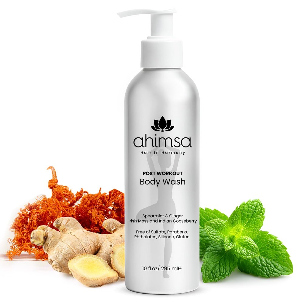 Ahimsa Natural Body Wash for Women, Hydrating & Moisturizing Body Wash Sensitive Skin, Antioxidant-Rich Bath & Shower Gels with Spearmint & Ginger, Gentle, Plant-Based, Organic Formula, 10oz