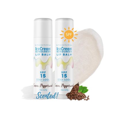 2-Pack Lip Balm Gift Set by IceCream Sunscreen Cocoa Peppermint Scented Flavor SPF15 Natural Lip Moisturizer Treatment Best Beeswax Chapsticks Made in USA for Men, Women, Children with Shea Butter