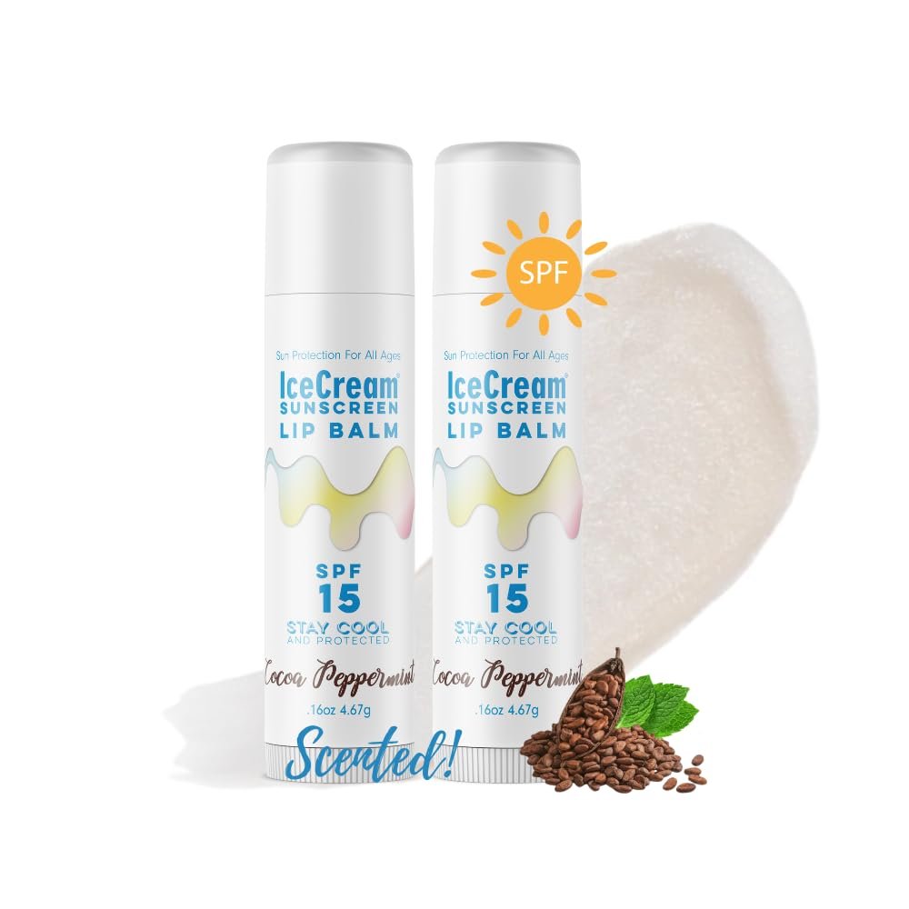 2-Pack Lip Balm Gift Set by IceCream Sunscreen Cocoa Peppermint Scented Flavor SPF15 Natural Lip Moisturizer Treatment Best Beeswax Chapsticks Made in USA for Men, Women, Children with Shea Butter