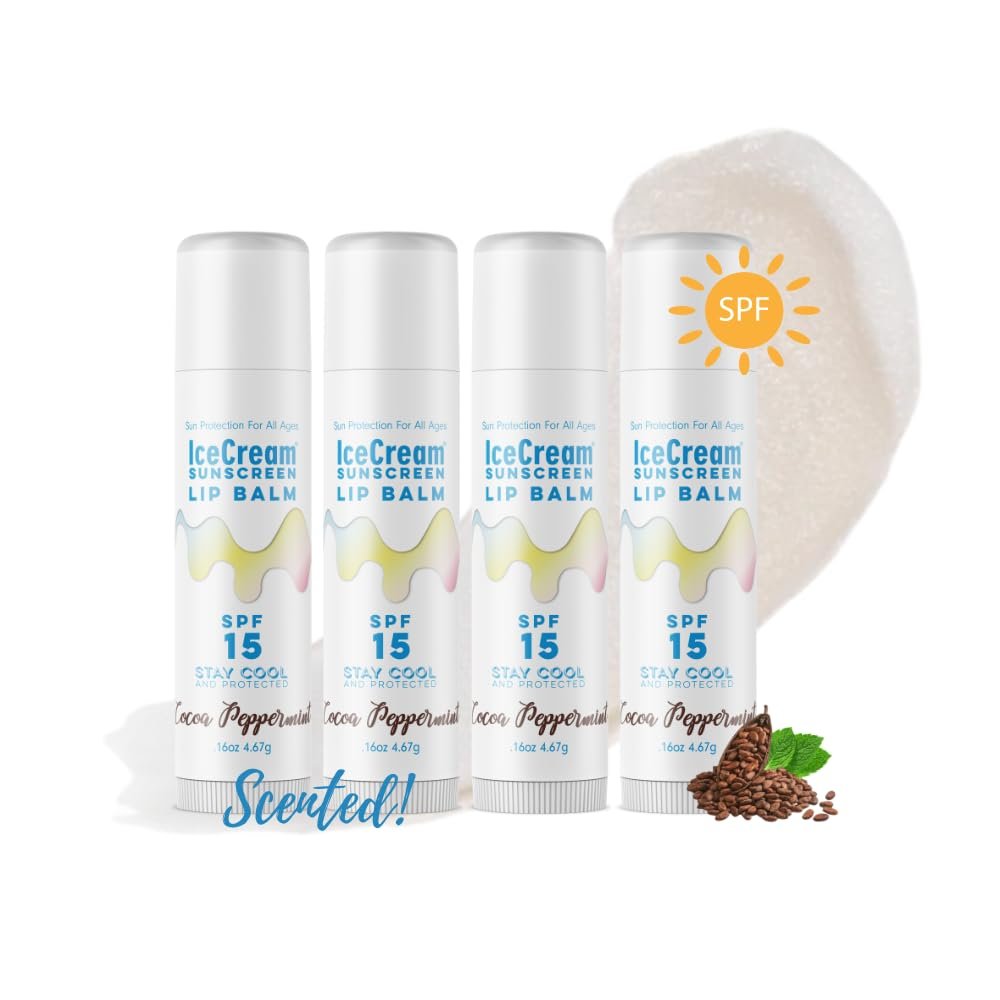 4-Pack Lip Balm Gift Set by IceCream Sunscreen. Cocoa Peppermint Scented Flavor SPF15 Natural Lip Moisturizer Treatment Best Beeswax Chapsticks Made in USA for Men, Women, Children with Vitamin E