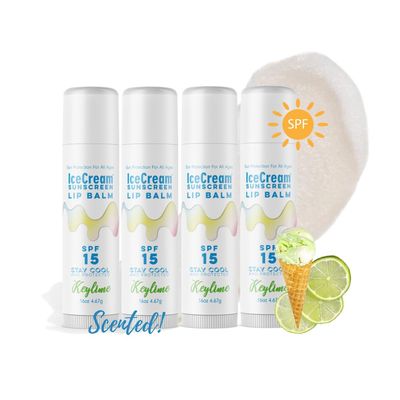 4-Pack Lip Balm Gift Set by IceCream Sunscreen. KeyLime Scented Flavor SPF15 Natural Lip Moisturizer Treatment Best Beeswax Chapsticks Made in USA for Men, Women, Children with Vitamin E Sunflower Oil