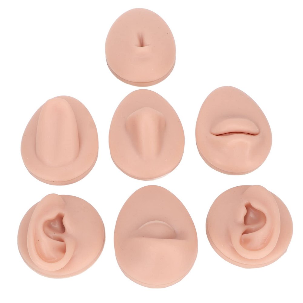 Cryfokt Silicone Piercing Practice Model, Soft Simulation Body Pierce Tool Kit, Flexible Body Part Display Set with Ear Eye Nose Mouth Tongue, 7PC Reused Parts for Novice Teach