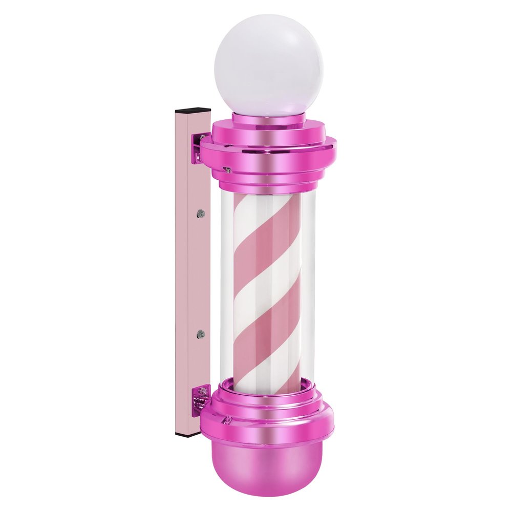 BarberPub Barber Pole with LED Light for Hairdressing,Salon Spa Stripes Rotating lamp,Wall Mount Barber Outside Pole,Classic Style Hair Salon Barbershop Open Sign L018 (Pink&White)