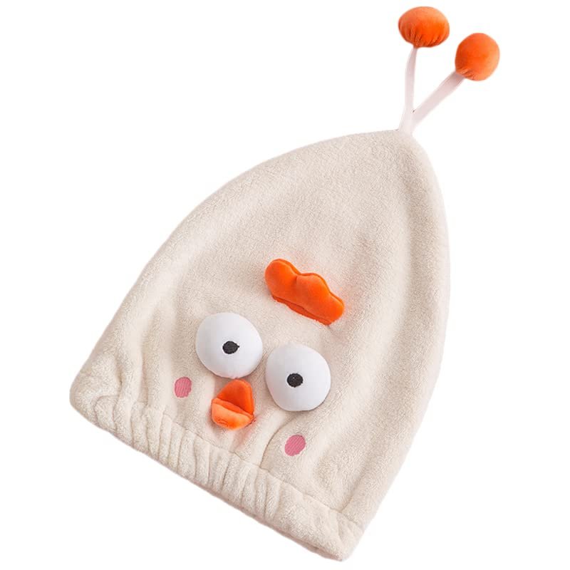 BEIJIALY Hair Drying Caps, Hair Quick Drying Towel, Ultra Absorbent Microfiber Shower Wrap Towels Soft Cute Cartoon Quick Drying Bath Hat for Wet Long Thick Hair(Beige Chicken)