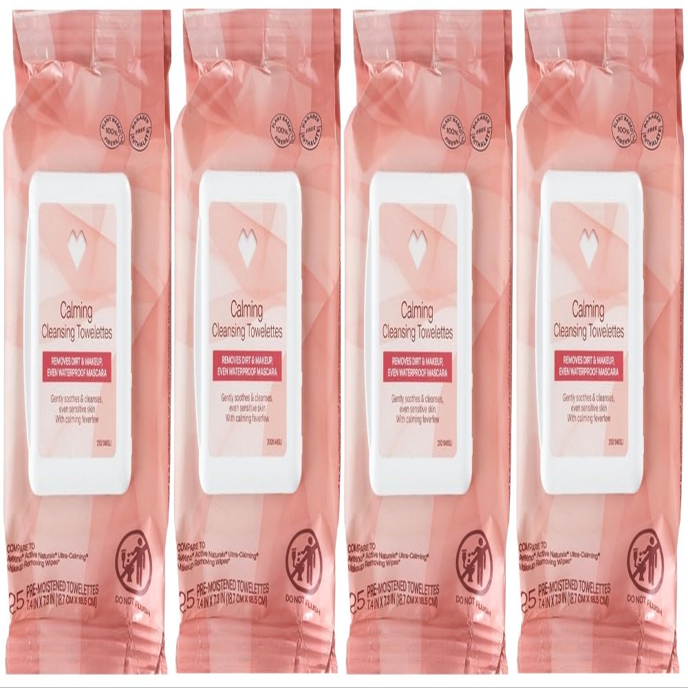 CVS Beauty Calming Cleansing Towelettes, Makeup Remover Face Wipes,100% Plant-Based Cloth, 25 ct - Pack of 4