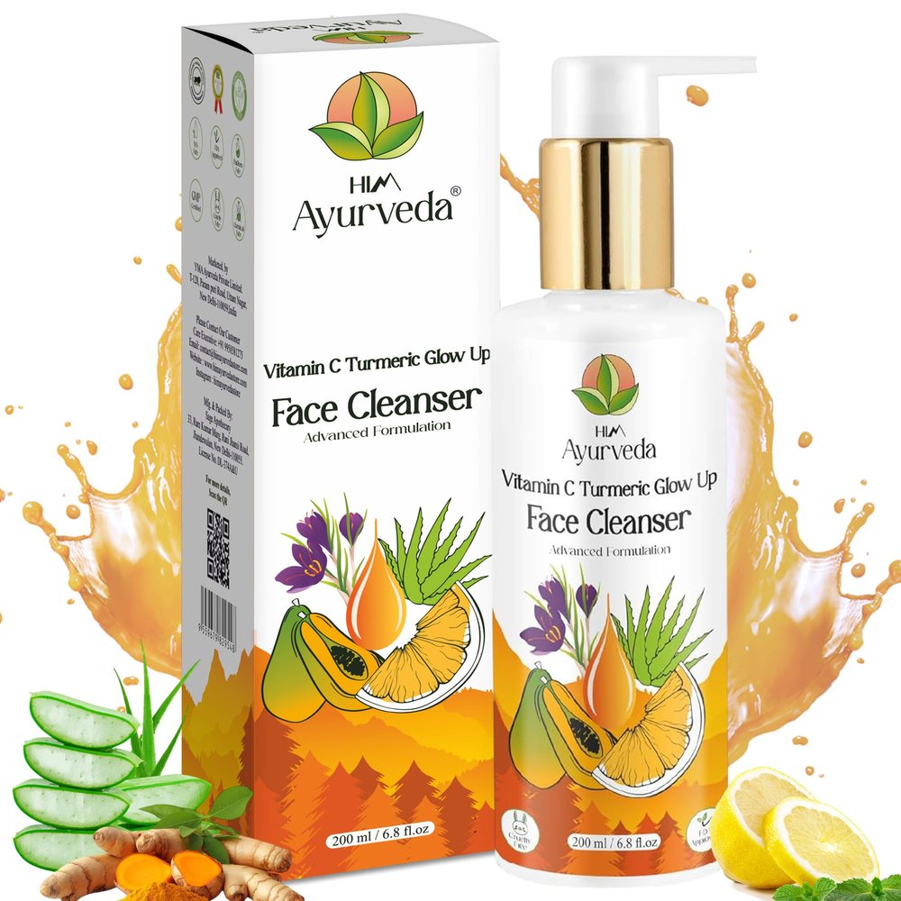 HIM AYURVEDA Vitamin C Turmeric Face Cleanser (Face Wash) | Ayurvedic Face Cleanser for Women and Men| With Honey, Papaya Extract & Kashmiri Saffron Extract | SLS, Paraben-Free | 200ML (pack of 1)