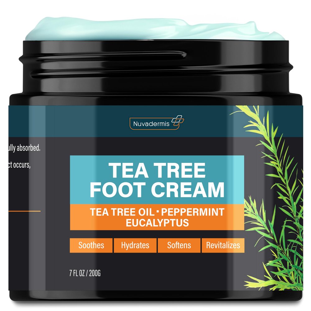 NUVADERMIS Tea Tree Oil Foot Cream Effective Recovery Cream for Dry, Cracked Feet, Athletes Foot, Ringworm & Itchy Skin Soothing Moisturizer 7 oz