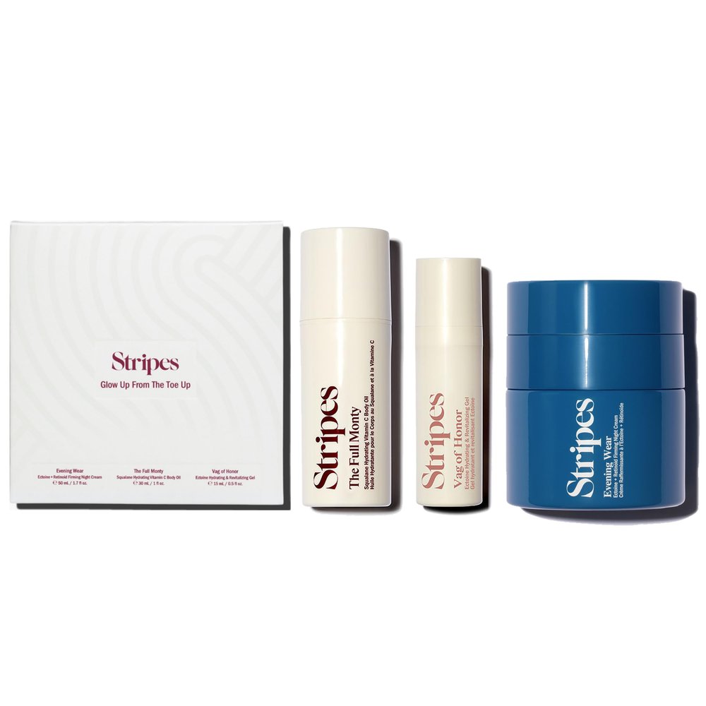 STRIPES Beauty Naomi Watts Glow Up The Toe Up Holiday Gift Set Full Size Night Cream With Gentle Retinoid Travel Size Moisturizing Body Oil Soothing Gel Intimate Area Dryness