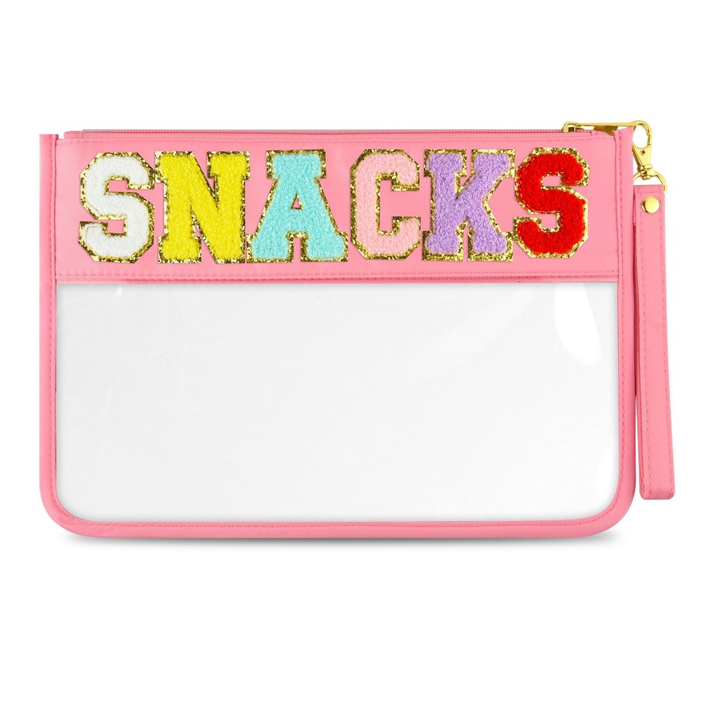 Morcheiong Chenille Letter Bag Cute Cosmetic Bag Clear Zipper Stuff Pouch Portable Multi-purpose PVC and Nylon Makeup Bag with Handle for Travel School Gym BeachPink Snacks