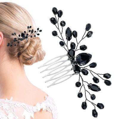 AKOAK 1 Pack Rhinestone Bridal Hair Comb, Black Teardrop Head Rhinestone Hair Comb, Bridal Crystal Side Comb Vintage Bridal Bridesmaid Headwear for Women and Girls