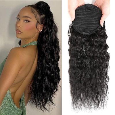 16 Inch Drawstring Human Hair Ponytail Extension Natural Black for Women Water Wave Pony tail Clip in Extensions Corn Wave Ponytail 100% Unprocessed Brazilian Human Hair
