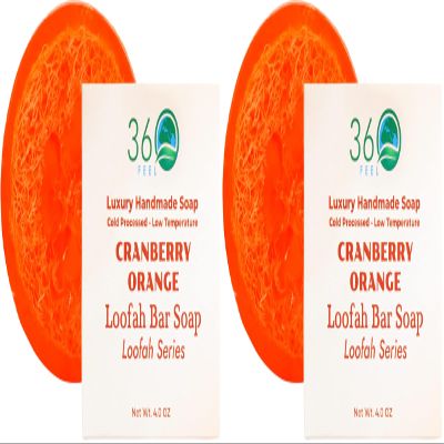 360Feel Cranberry Orange Loofah Bar Soap - Safe for Sensitive Skin - Luxury Handmade Soap - Natural & Unblocked Loofah Sponge - Exfoliate & Scrub - Removes Dead Skin - Vegan & Pure (Pack of 2)