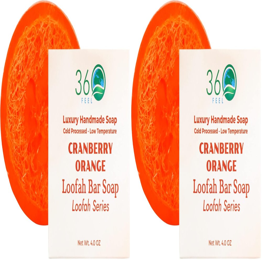 360Feel Cranberry Orange Loofah Bar Soap - Safe for Sensitive Skin - Luxury Handmade Soap - Natural & Unblocked Loofah Sponge - Exfoliate & Scrub - Removes Dead Skin - Vegan & Pure (Pack of 2)