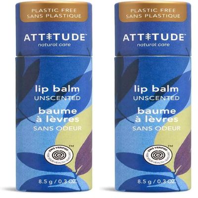 ATTITUDE Plastic-free Lip Balm, EWG Verified Plant- and Mineral-Based Ingredients, Vegan and Cruelty-free Personal Care Products, Unscented, 0.3 Oz (Pack of 2)