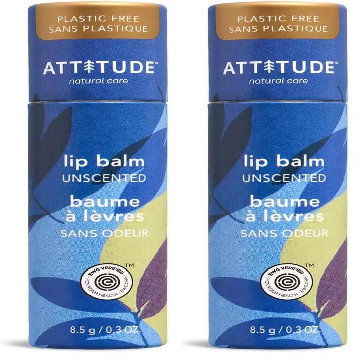 ATTITUDE Plastic-free Lip Balm, EWG Verified Plant- and Mineral-Based Ingredients, Vegan and Cruelty-free Personal Care Products, Unscented, 0.3 Oz (Pack of 2)