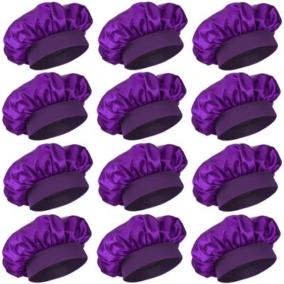 12 Pieces Silk Bonnet for Women Curly Hair Satin Bonnet Hair Wrap for Sleeping Cap with Tie Band (Purple)