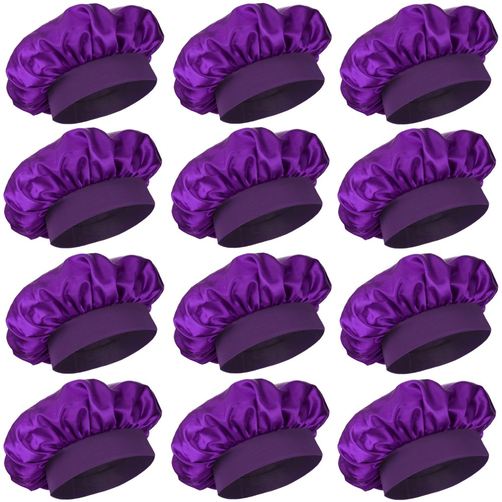 12 Pieces Silk Bonnet for Women Curly Hair Satin Bonnet Hair Wrap for Sleeping Cap with Tie Band (Purple)