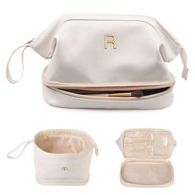 Vogewood Birthday Gifts for Women, Initial Makeup Bags for Teens Girls, Double Layer Cosmetic Bag with Makeup Brush Organizer, Travel Toiletry Bag, Maid of Honor Gifts-Travel Gift For Female