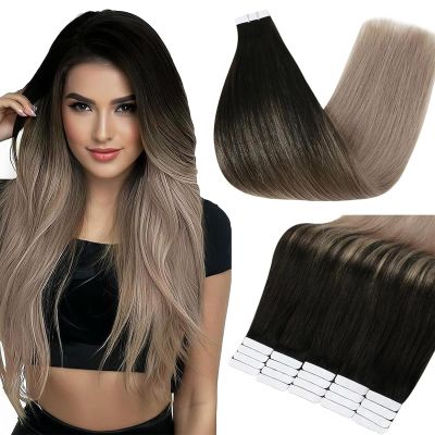 Full Shine Tape in Hair Extensions Human Hair, Color 1B Natural Black to 18 Dirty Blonde, 16 Inch, 50g, 20PCS, Straight Remy Tape in Extensions Real Human Hair Seamless Skin Weft for Wedding