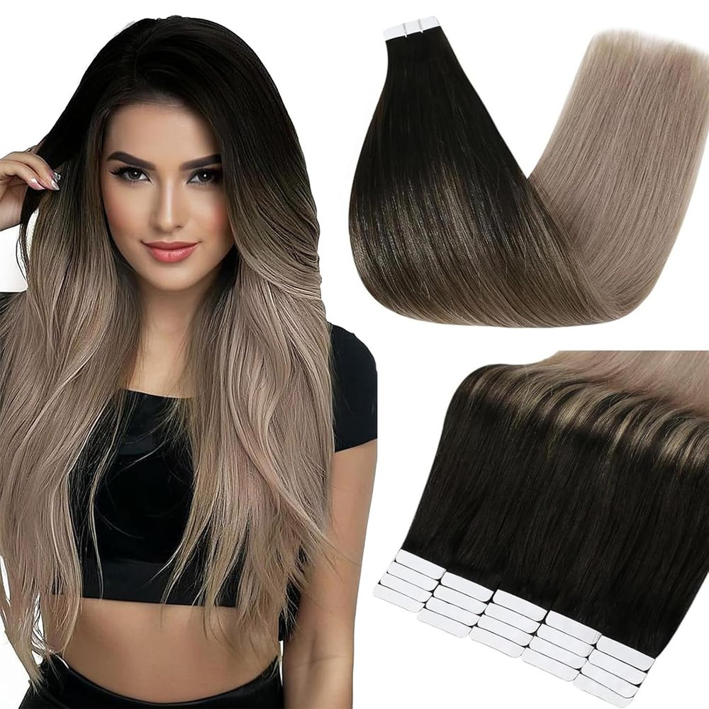 Full Shine Tape in Hair Extensions Human Hair, Color 1B Natural Black to 18 Dirty Blonde, 16 Inch, 50g, 20PCS, Straight Remy Tape in Extensions Real Human Hair Seamless Skin Weft for Wedding