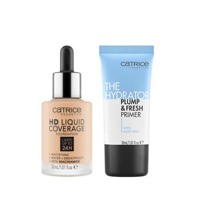 Catrice | HD Foundation 08 & The Hydrator Plump & Fresh Primer Bundle | Full Coverage Makeup | Vegan & Cruelty Free