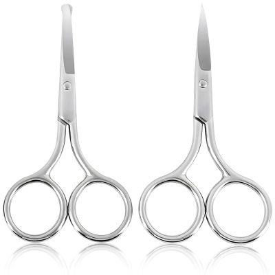 Facial Hair Grooming Scissors for Men & Women: Eyebrow, Nose Hair, Mustache, Beard, Eyelashes, Ear Trimming Kit - Curved & Rounded Safety Tip Clippers - 2PCS Silver.