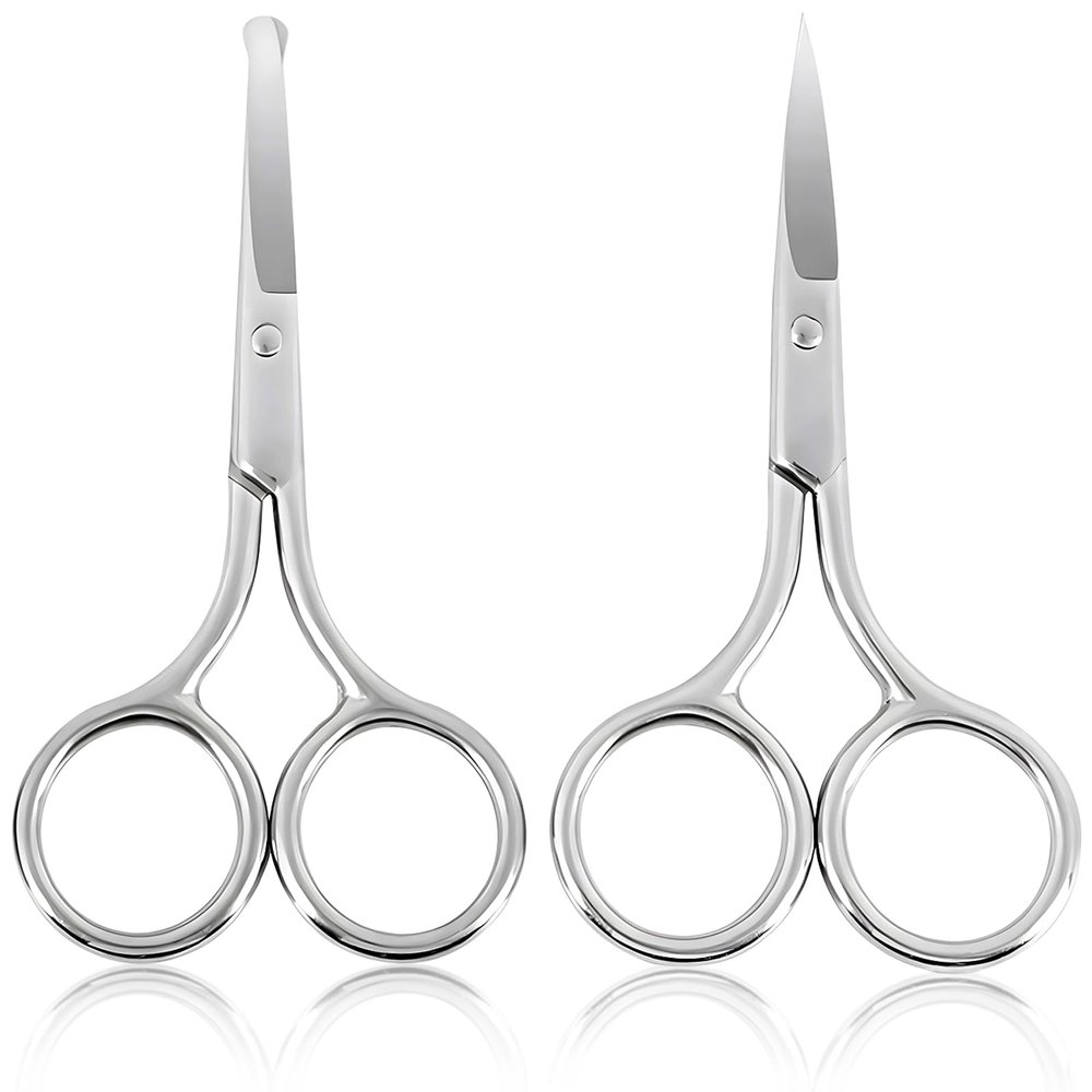 Facial Hair Grooming Scissors for Men & Women: Eyebrow, Nose Hair, Mustache, Beard, Eyelashes, Ear Trimming Kit - Curved & Rounded Safety Tip Clippers - 2PCS Silver.