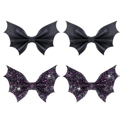 Black Bat Hair Bow Clips 4 Pcs PU Leather & Glitter Halloween Bat Hair Clips with Alligator Clips Cosplay Costume Hair Accessories