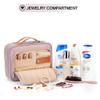 Travel Hanging Toiletry Bag for Women, with Jewelry Organizer Compartment, Medium Waterproof Hanging Makeup Accessories, Cosmetic Essentials, Toiletries Dopp Kit Set with Trolley Belt, Baby Pink view 3